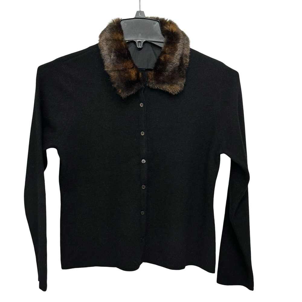 VTG Charter Club Womens Lambswool & Angora Collar Wool Cardigan Sweater PL